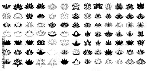 Minimalist lotus flower line illustrations in various shapes and designs ideal for tattoos yoga wellness and meditation projects