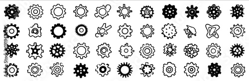Gear outline icon set featuring gear line vector in various shapes mechanical cogwheel designs and engineering symbols for technology industry automation