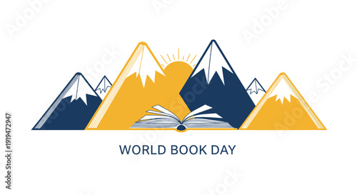 World Book Day icon with mountains, book, and sun, vector illustration, colorful design. Includes literacy, reading, education symbols. Created in modern style with yellow, blue
