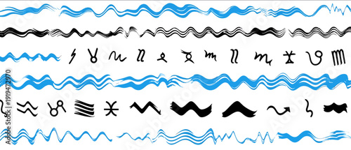 Aquarius symbol vector icons set wavy lines abstract zodiac signs decorative elements seamless pattern