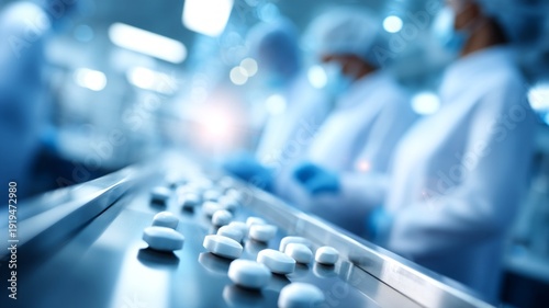 A group of people in white lab coats are working on a conveyor belt with pills