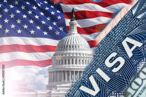 U.S. government immigration policy concept with Capitol and visa