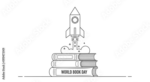 World Book Day icon with rocket launching from stack of books, symbolizing education and learning.