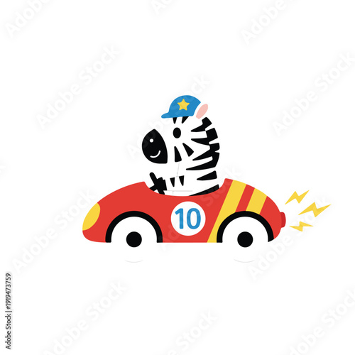 A cheerful cartoon zebra wearing a blue hat with a star is depicted driving a speedy red race car with yellow accents and the number 10.