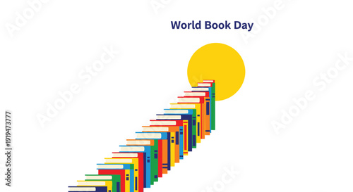 World Book Day colorful book staircase icon, books leading to sun, reading celebration symbol. Created in flat style with vibrant colors.