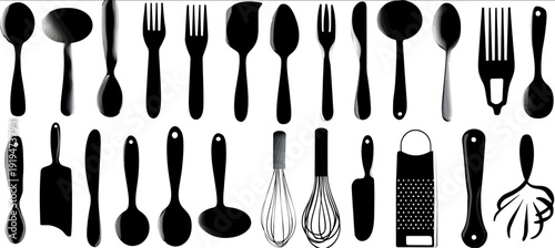 A collection of kitchen utensils in a vector illustration including spoons forks knives spatulas whisks ladles tongs peelers and graters
