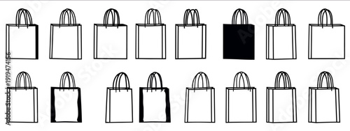 A shopping bag line art vector illustration set featuring minimalist outline styles of bags Perfect for retail and fashion design projects Various outline styles of shopping bags for design purposes