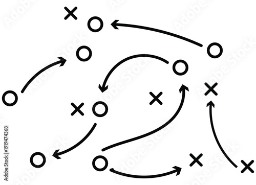 Hand draw strategy game plan for football, basketball, handball, sketched black marker, isolated on white, clipping path, design elements. Sketch style illustration of arrows with X and O symbols.