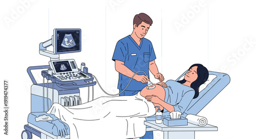 A male doctor performs an ultrasound on a pregnant woman on a bed, viewing the baby on a screen.