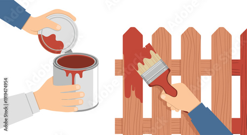 Two pairs of hands are engaged in activity, one opening a red paint can while the other paints a wooden fence red.