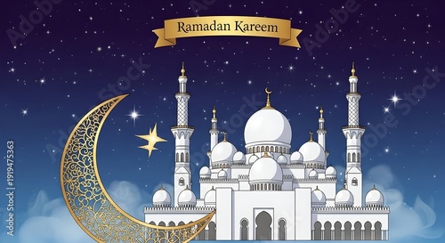 Ramadhan kareem background, illustration with white mosque 