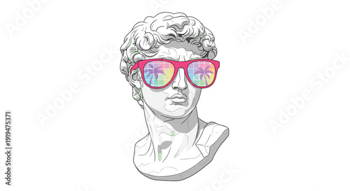 White classical David bust wears pink sunglasses; lenses show palm trees and rainbow; isolated on a clean white background.
