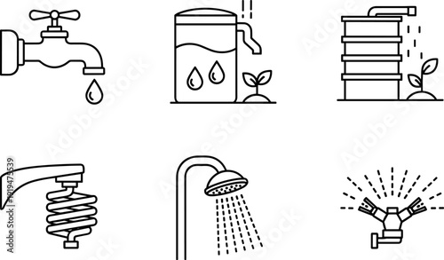 Water conservation icons, faucet, rainwater harvesting, irrigation system, showerhead, sprinkler, eco water usage, sustainable resources, clean water, eco lifestyle, environmental protection