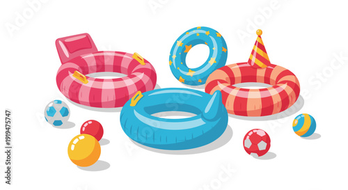 Colorful inflatable swim rings and beach balls with diverse patterns are scattered on a white background.