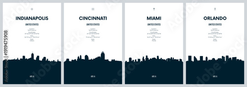 Travel vector set with USA city skylines Indianapolis, Cincinnati, Miami, Orlando detailed city skylines minimalistic graphic artwork