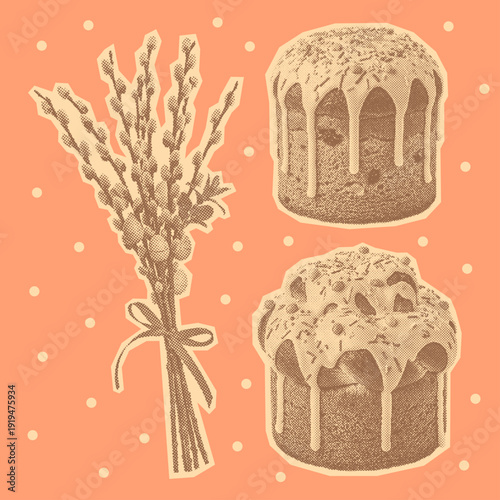 Easter set with traditional cakes and pussy willow branches, vintage halftone style vector for spring holiday