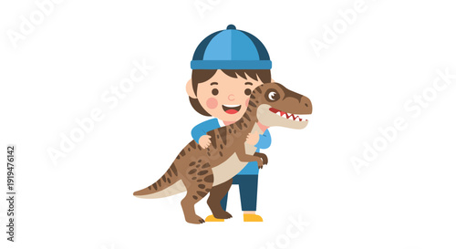 Young boy in blue hat hugs a brown T-rex dinosaur, both smiling, on a white background.