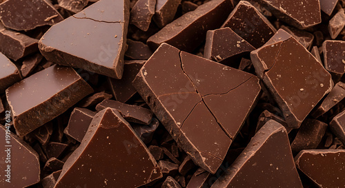 Pile of broken dark chocolate pieces with cracks and rough edges broken chocolate food