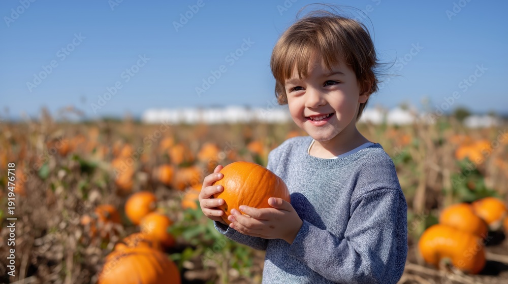Fototapeta premium Happy child holding pumpkin while standing in pumpkin patch 