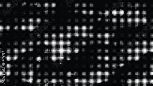 Abstract black and white background with a dynamic composition of halftone dots, creating a textured and irregular pattern with depth and movement