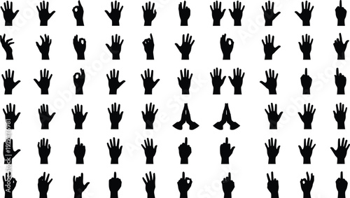 Silhouettes of hands in diverse gestures, open palms, closed fists, pointing fingers, peace sign, OK symbol, praying hands illustration