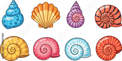 Colorful Cartoon Sea Shell Collection Vector Set with Spiral and Scallop Shell Illustrations