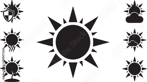 Collection of black silhouette sun icons with diverse ray patterns and styles on white background symbol