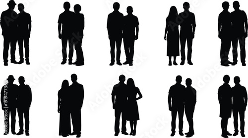 Silhouette vector illustration featuring diverse pairs of people, showcasing human relationships, diversity, attire variations, and social interaction artwork in minimalistic design