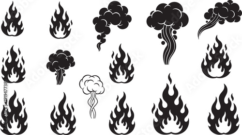A collection of various fire and smoke illustrations in black and white Vector, illustration