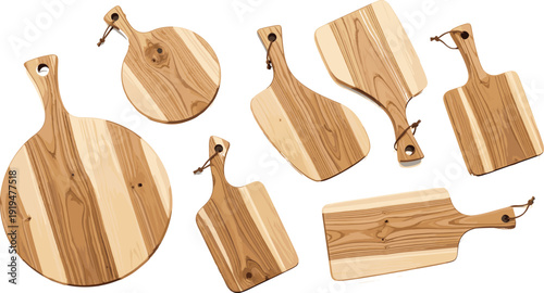 Wooden Cutting Board Collection Vector Illustration Set with Round and Rectangular Rustic Kitchen Chopping Boards