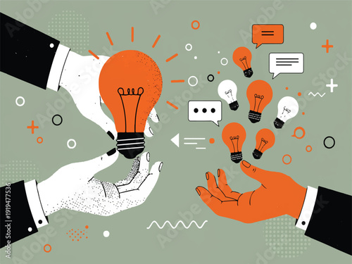 Two hands passing light bulb with glowing idea to another hand with symbols around  business concept