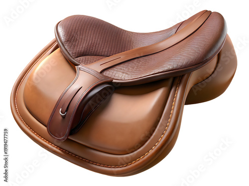 A brown leather English saddle on a white background