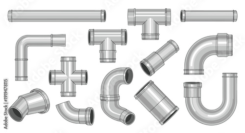 A comprehensive collection of various grey metal pipe sections and fittings including straight, elbow, T-junction, and cross connectors.