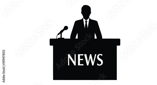 Silhouette of a speaker at a podium with a news sign displayed