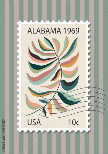 Retro Floral Postage Stamp Poster 1960s Style Vector Illustration