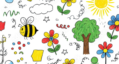 Colorful children s illustration featuring hearts sun rainbow and playful whimsical elements