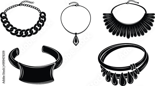 Black silhouette vector illustration featuring diverse necklace and choker designs, fashion jewelry artwork showcasing layered chains, pendants, statement accessories, and elegant styles