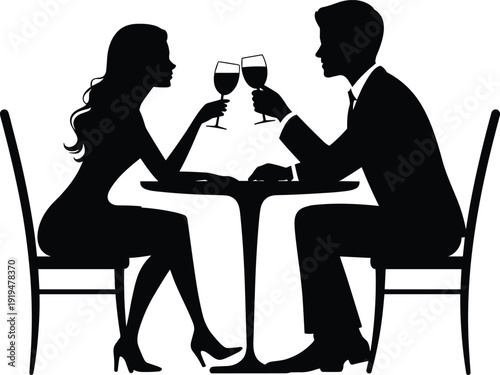 Romantic Couple Dining Silhouette Vector of a Man and Woman Toasting with Wine Glasses at a Restaurant Candlelight Dinner Date