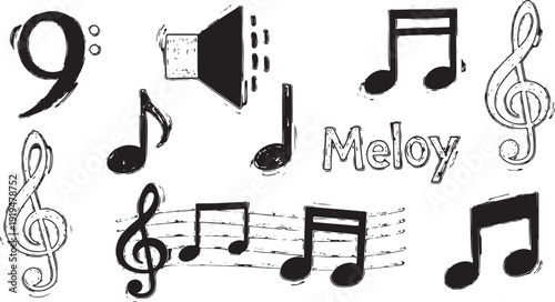 Collection of black music and audio icons including headphones, microphone, speaker, guitar, and piano in a minimalist glyph style for user interface