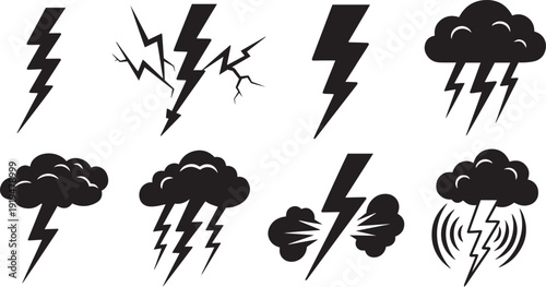 A collection of black and white weather icons featuring lightning and storm clouds Vector, illustration