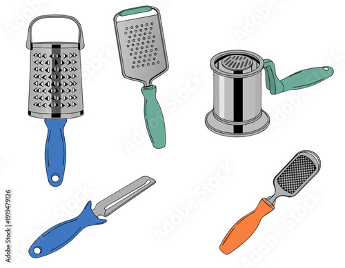 three graters, a lemon squeezer and a vegetable peeler displayed for food prep