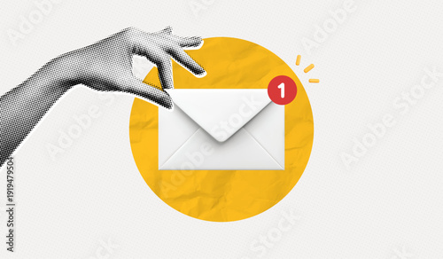 Trendy Halftone Collage Hand holds Letter in Envelope with New Notification. Email communication and digital marketing concept. Push reminder. Newsletter subscription. Spam message