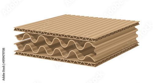 Corrugated cardboard sheets are stacked, showing wavy internal structure and fluting in cross-section on a white background.