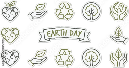 Collection of Earth Day environmental protection icons and symbols celebrating planet