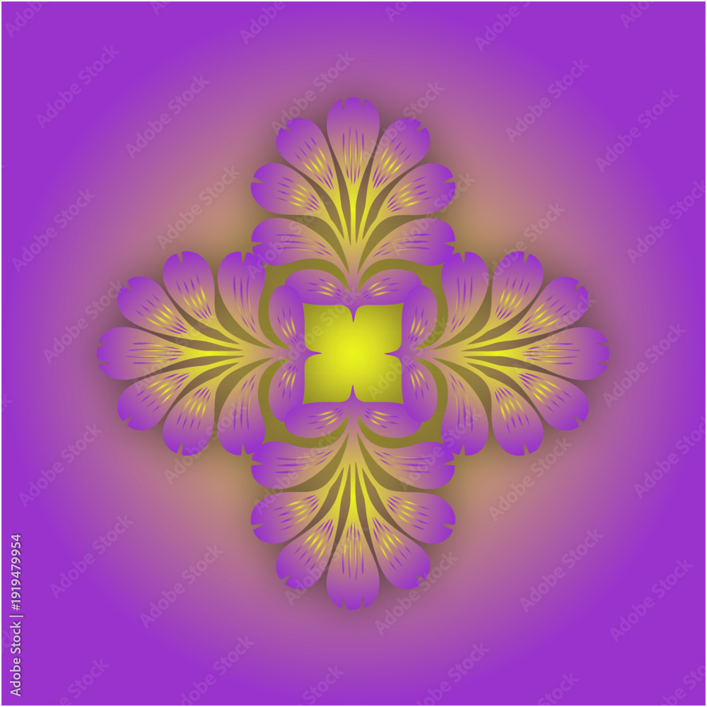 Ταπετσαρία Radiant purple petals unfold symmetrically around a glowing golden core, blending warmth and mystique in a harmonious floral mandala design