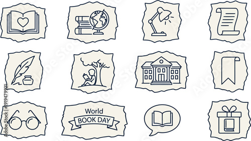 Collection of Line Art Icons Representing Reading and Education Concepts