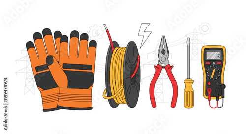 Electrical gloves, wire spool, pliers, screwdriver, and multimeter are displayed as tools against a power backdrop.