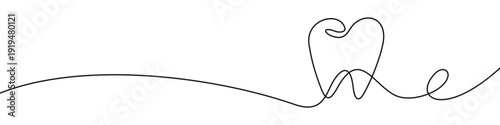 Continuous one line drawing of tooth icon. Minimalist dental healthcare concept with single black line stretching from edge to edge. Professional dentistry logo and web divider isolated on white