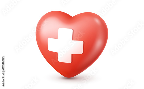 Red 3d heart with white medical cross symbol for cardiology diagnosis and prevention. Healthcare concept. Vector mesh illustration of emergency medical aid symbol isolated on white for first aid