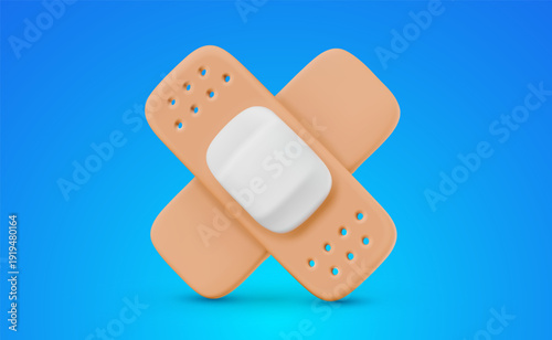 Two crossed medical plasters 3d mesh. Adhesive bandage with soft white pad for wound care and first aid. Vector skin color patches for healthcare protection and pharmacy design. Medical plaster